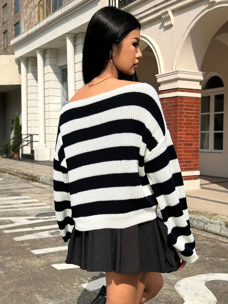 Womens Off The Shoulder Sweater 2025 Fall Winter Striped Sweater