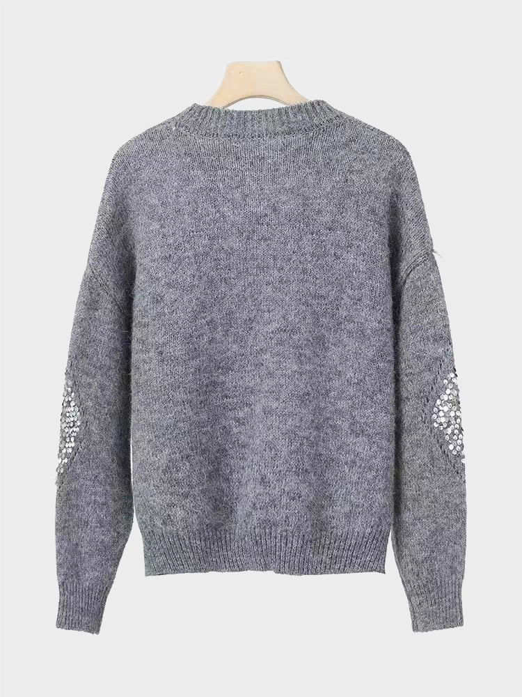 Womens Crew Neck Hollow Out Knit Sweaters Sequin Pullover Tops