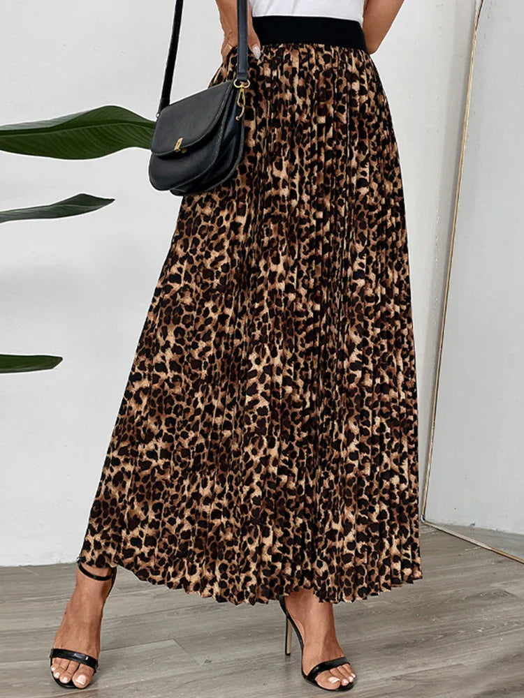Womens Leopard Print Midi Long Shirring Pleated Skirts