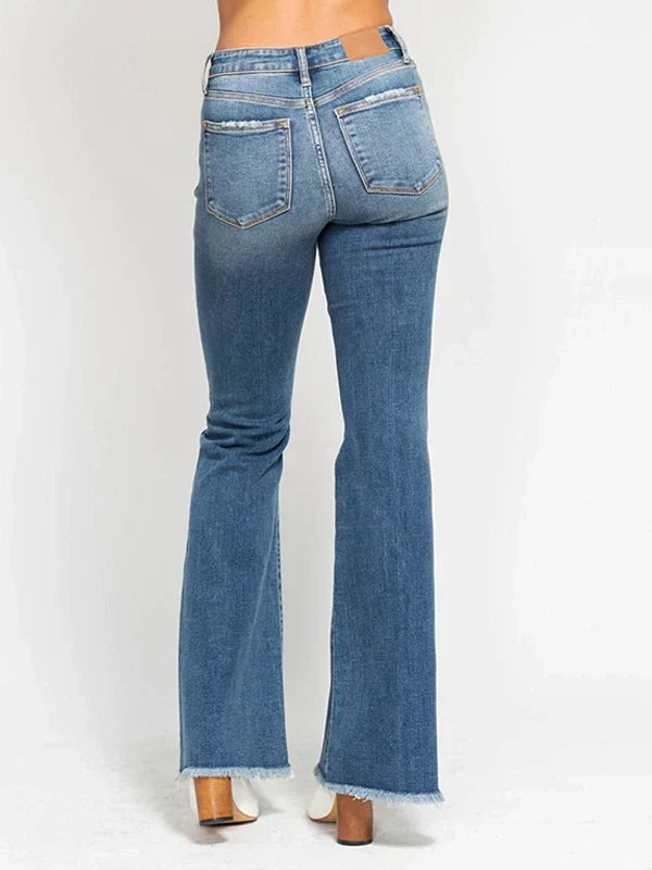 Judy Blue High Waist Button Fly Flare Jeans with Distressed Frayed Hem