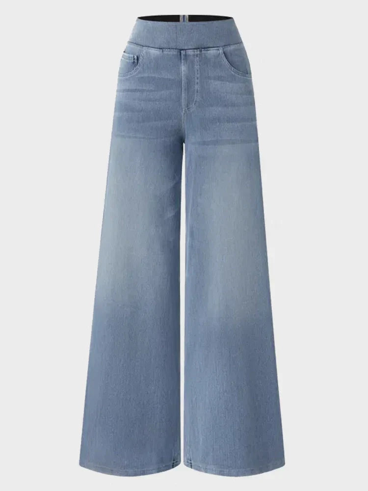 High Waisted Pockets Baggy Wide Leg Washed Casual Jeans