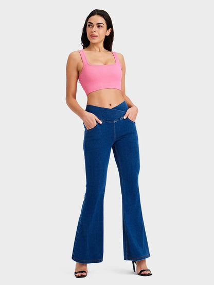 Crossover High Waisted Bell Bottom Jeans Yoga Pants Stretchy Flare Leggings With Pockets