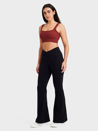 Crossover High Waisted Bell Bottom Jeans Yoga Pants Stretchy Flare Leggings With Pockets