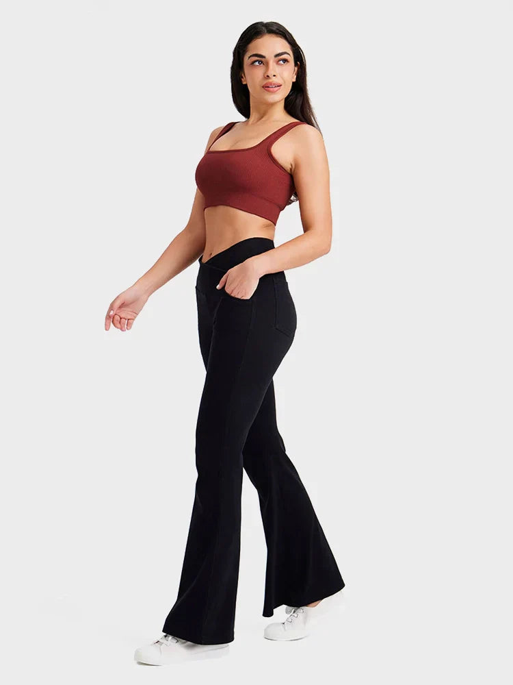Crossover High Waisted Bell Bottom Jeans Yoga Pants Stretchy Flare Leggings With Pockets