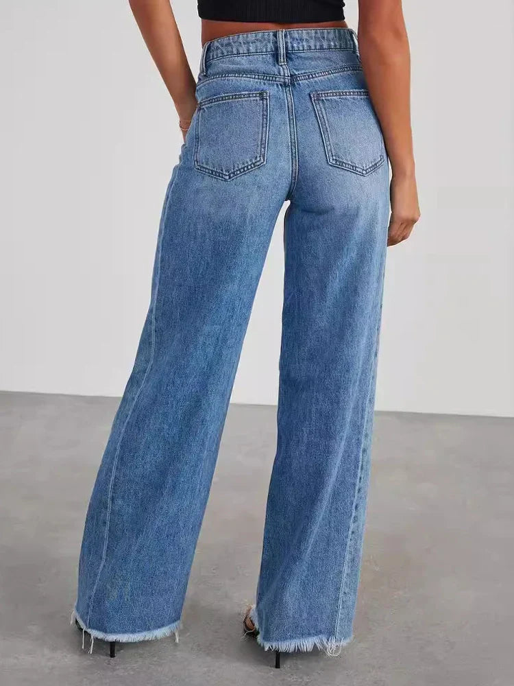 Wide Leg Side Seam Stitching Frayed Hem Jeans
