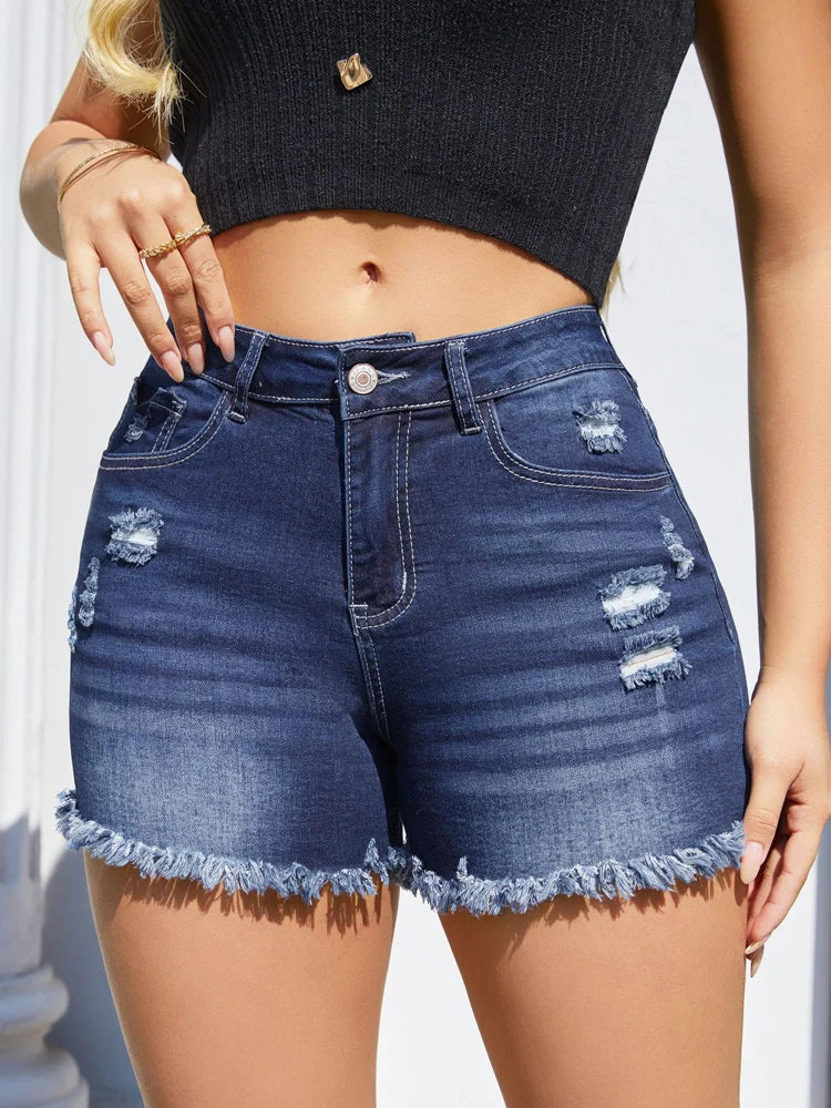 Frayed Hem Ripped Denim Shorts
