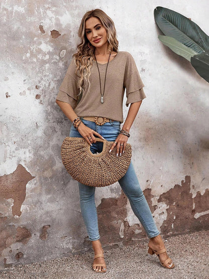 Womens Top Ruffle Sleeve Blouses V Neck T Shirts Casual Outfit Bell Sleeve Tee