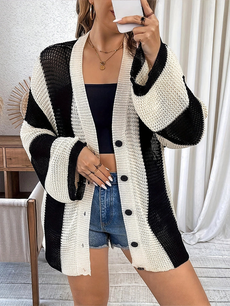 Womens Striped Long Sleeve V Neck Open Front Button Down Knit Cardigan Sweaters