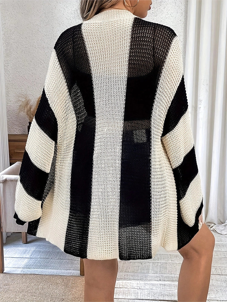 Womens Striped Long Sleeve V Neck Open Front Button Down Knit Cardigan Sweaters