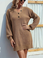 Womens V Neck Mini Sweater Dress Long Lantern Sleeve Pullover Sweaters