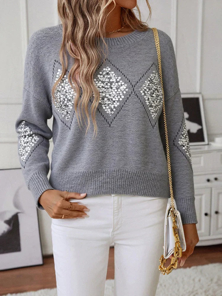 Womens Crew Neck Hollow Out Knit Sweaters  Sequin Pullover Tops