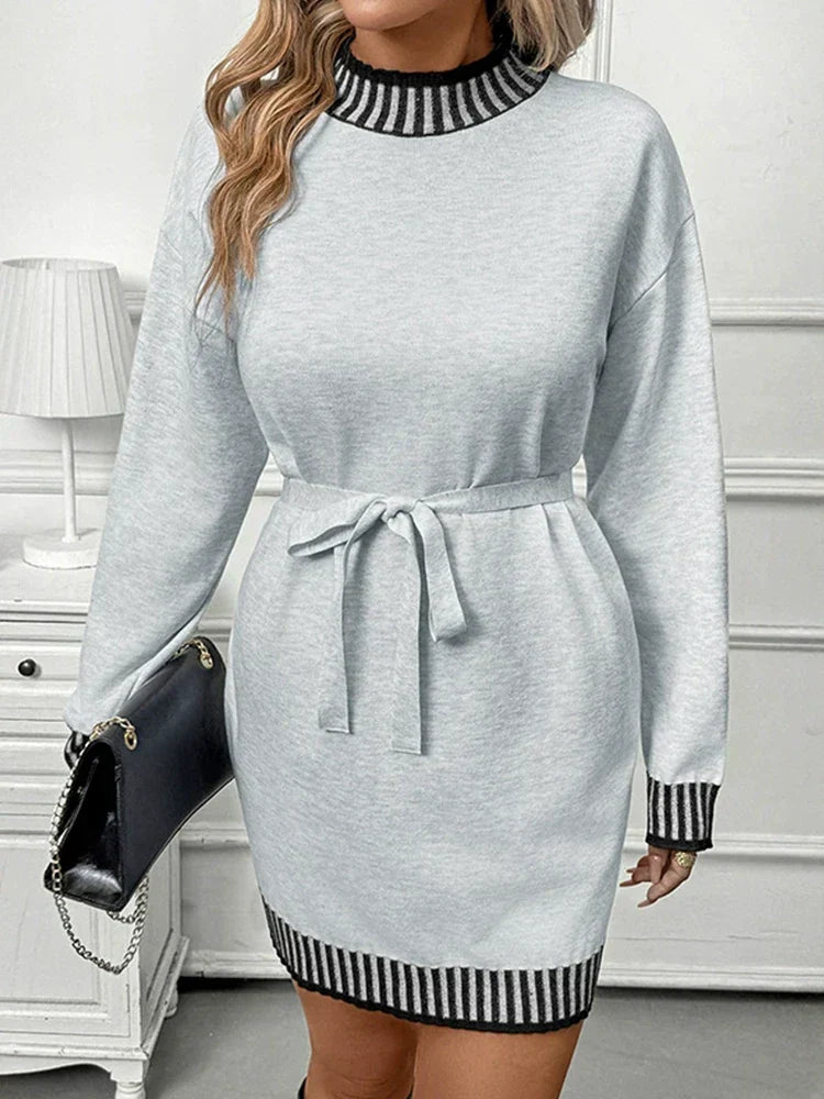Casual Striped Mock Neck Color-Block Sweater Dress