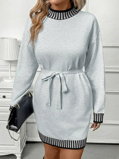 Casual Striped Mock Neck Color-Block Sweater Dress