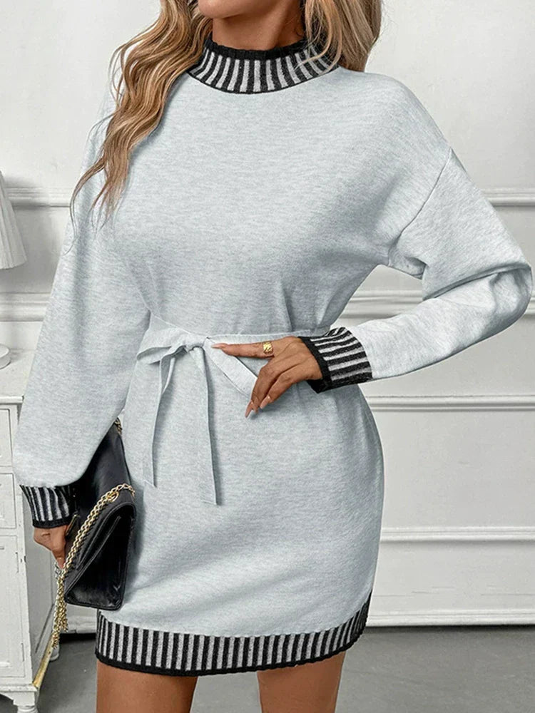 Casual Striped Mock Neck Color-Block Sweater Dress