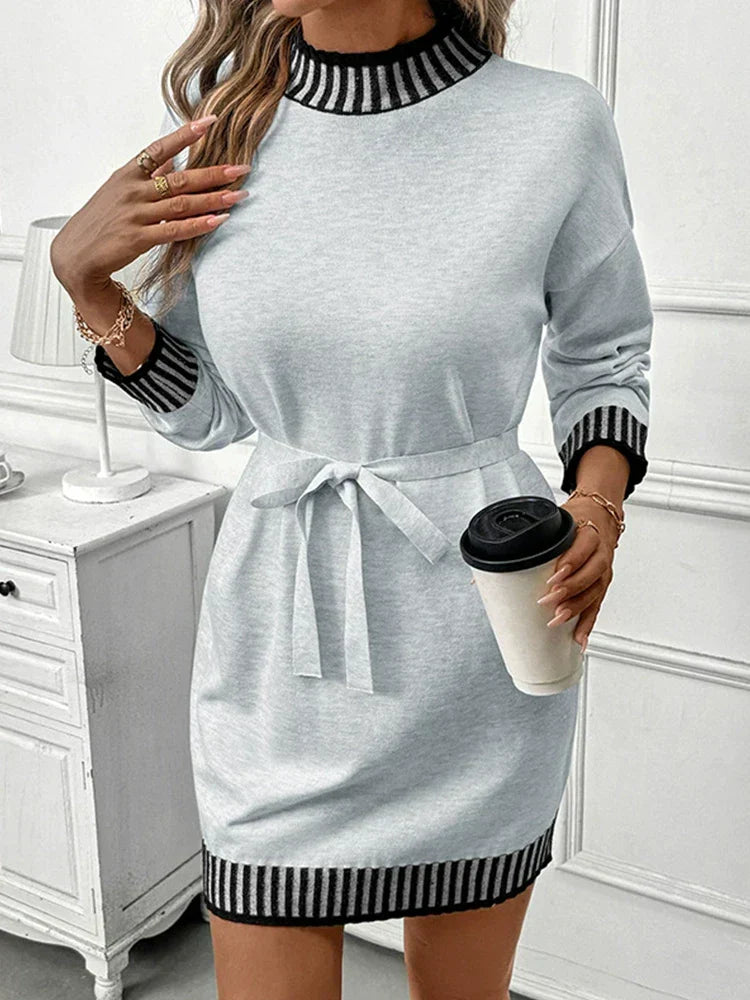 Casual Striped Mock Neck Color-Block Sweater Dress