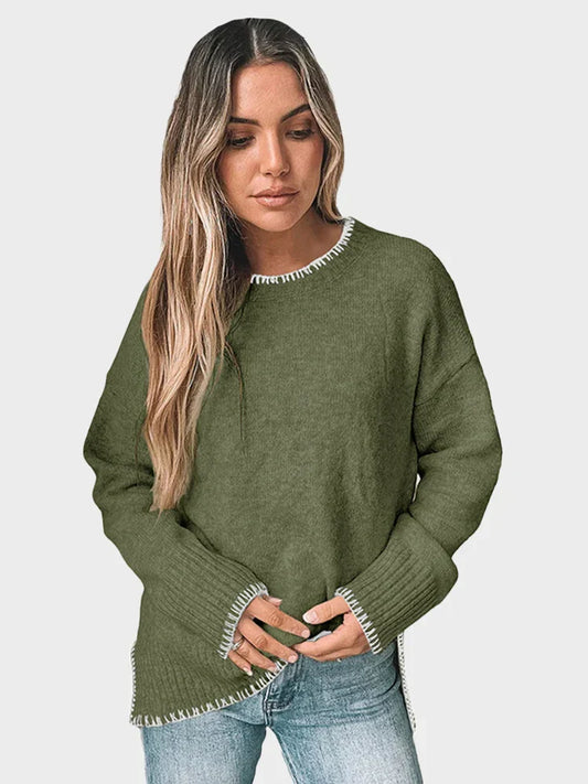 Womens Crewneck Pullover Sweater Long Sleeve Knit Slit