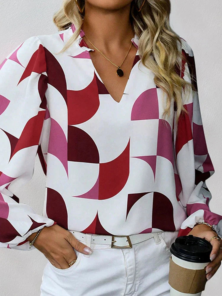 Womens V Neck  Brown Abstract Print Puff Sleeve Loose Blouse