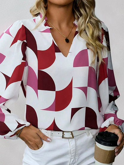 Womens V Neck  Brown Abstract Print Puff Sleeve Loose Blouse