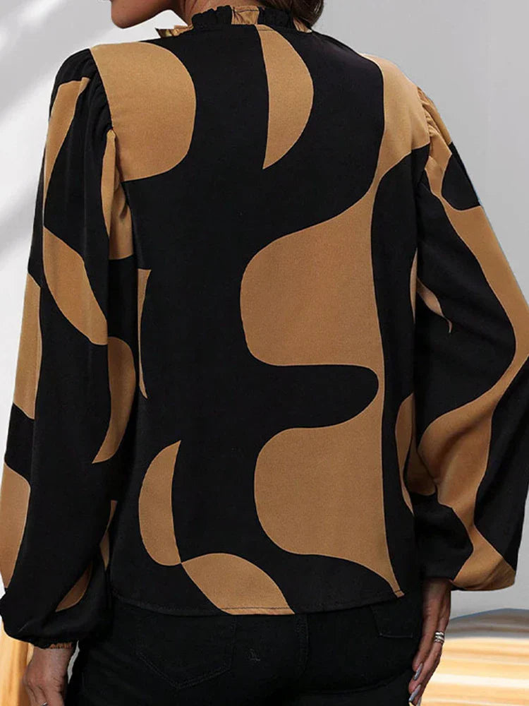 Womens V Neck  Brown Abstract Print Puff Sleeve Loose Blouse