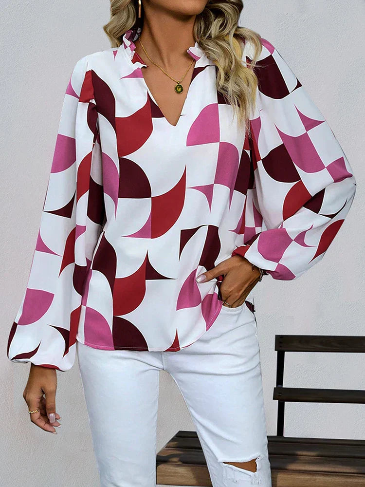 Womens V Neck  Brown Abstract Print Puff Sleeve Loose Blouse