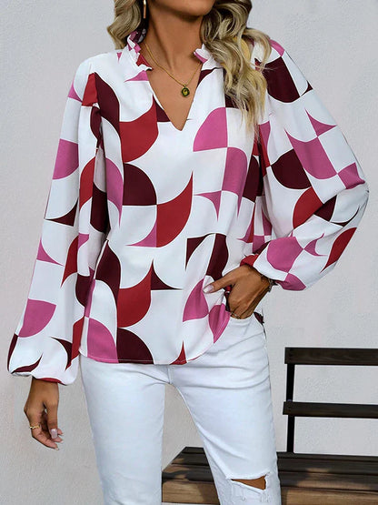 Womens V Neck  Brown Abstract Print Puff Sleeve Loose Blouse