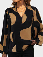 Womens V Neck  Brown Abstract Print Puff Sleeve Loose Blouse
