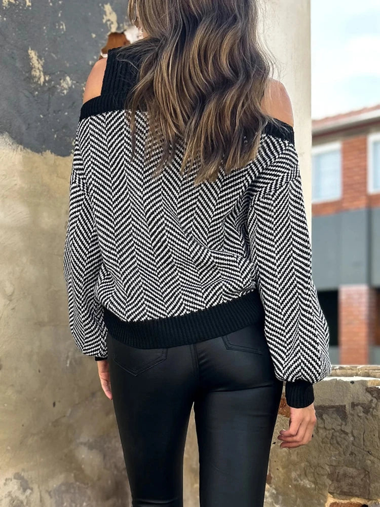 Women's Striped Cold Shoulder Oversized Sweaters