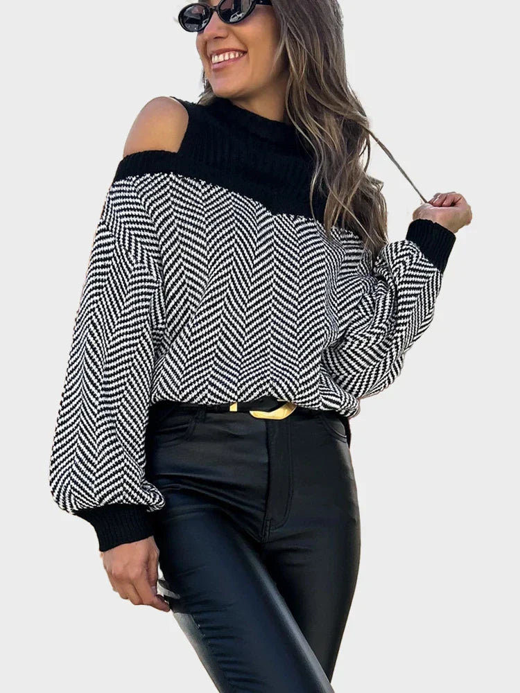 Women's Striped Cold Shoulder Oversized Sweaters