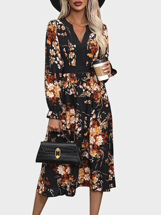 Womens Fall Trendy A-Line V Neck Floral Midi Dress