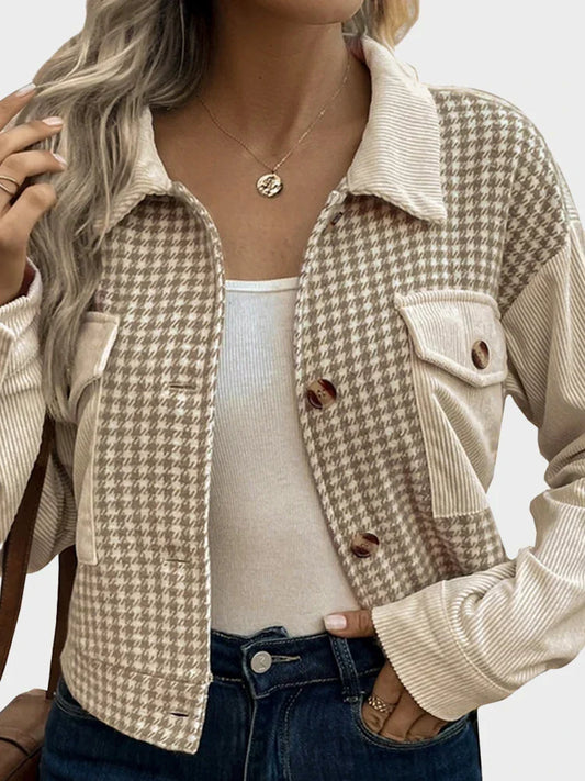 Womens Fall Cropped Corduroy JacketsHoundstooth Coat with Pocket