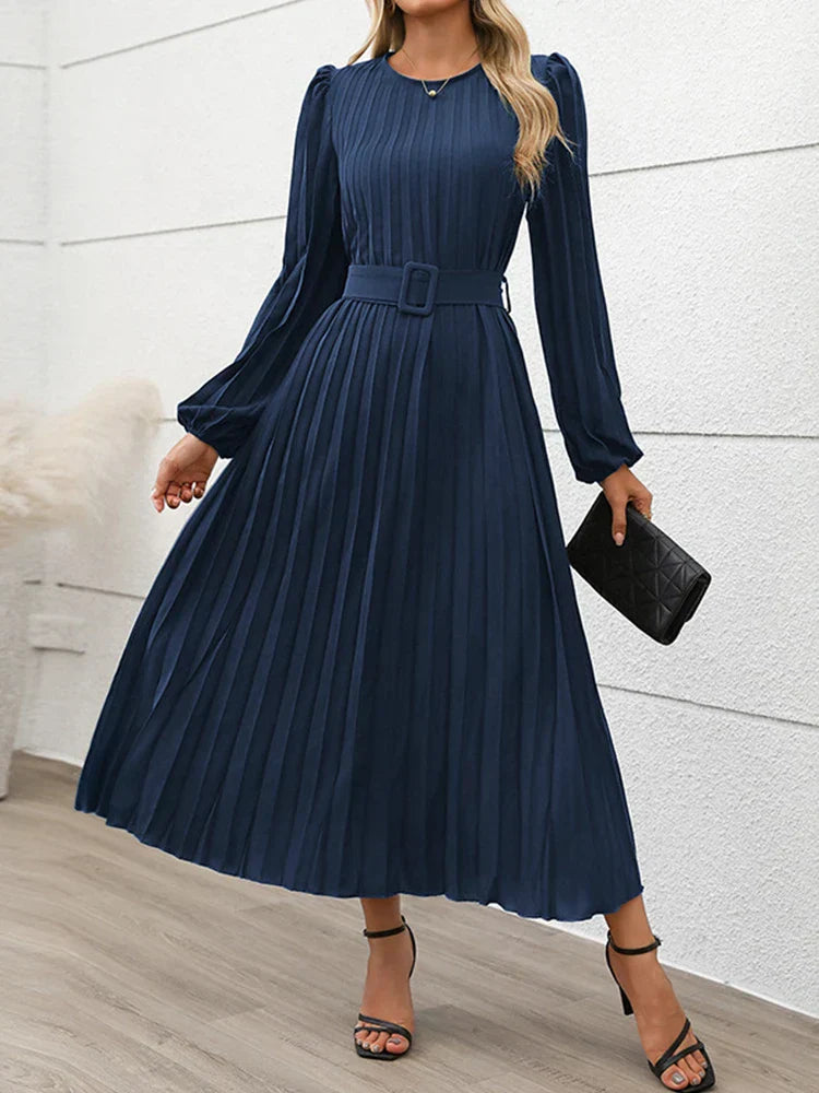 Womens Pleated A Line Flowy Long Sleeve Fall Dress
