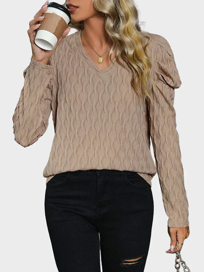 Womens Puff Sleeve Casual V Neck Long Sleeve Shirts
