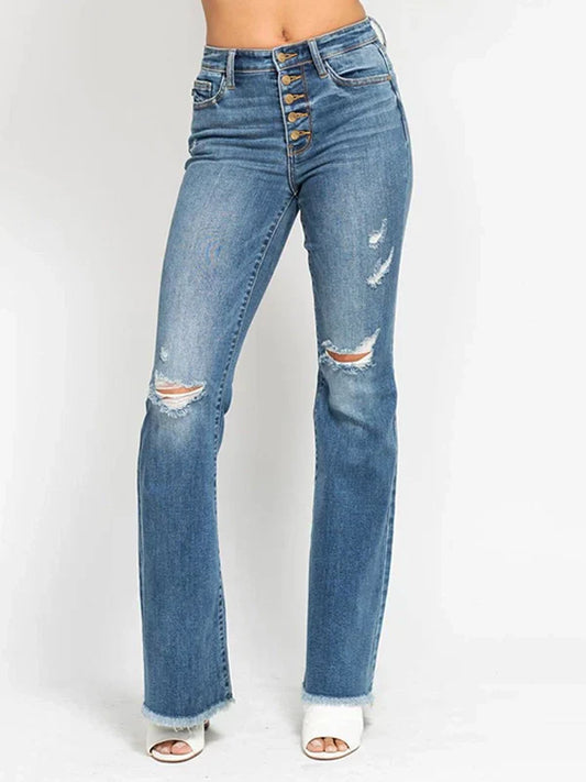 Judy Blue High Waist Button Fly Flare Jeans with Distressed Frayed Hem