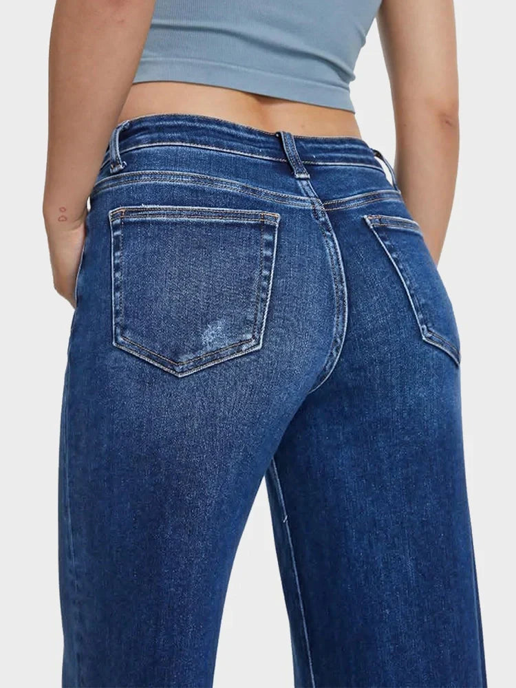 Mid Low Rise Baggy Stretchy Wide Leg Distressed Jeans