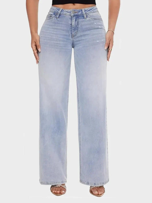 Mid Low Rise Baggy Stretchy Wide Leg Distressed Jeans
